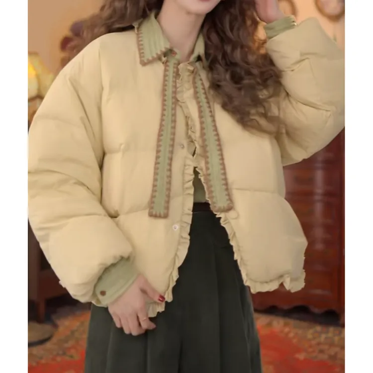 复古风花边设计感减龄棉服外套女2025冬季新款加厚保暖面包服上衣