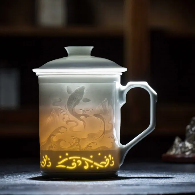 大师制 获奖作品 景德镇 茶水分离 鸿运当头 玲珑杯 高档礼盒装