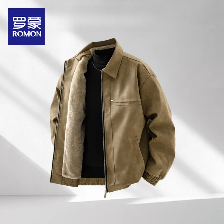 罗蒙美式复古翻领夹克男士2025新款秋冬加绒加厚宽松机车风外套男