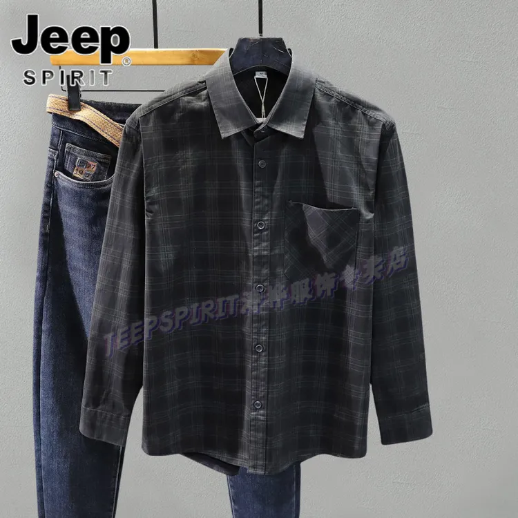 Jeep吉普痞帅休闲格子衬衣外套男春秋季宽松长袖衬衫百搭耐脏上衣