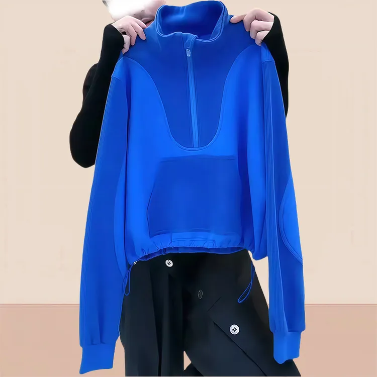 2025年秋季新款蓝色宽松洋气独特半拉链卫衣女时尚高级感立领上衣