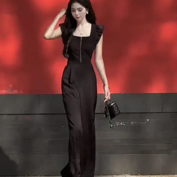 夏季长裤薄款拼接连体裤连体衣女神轻奢黑色名媛修身小众连体裤