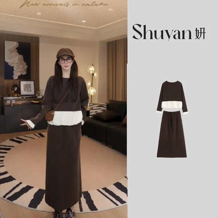 Shuyan妍【法法小可爱】甄选棉感法式拼接假两件套装665135