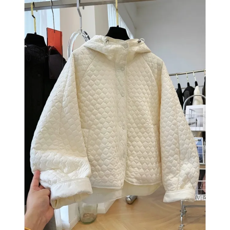 韩系慵懒风高级感绒绗缝夹棉外套女秋冬新款轻薄款连帽棉服棉上衣