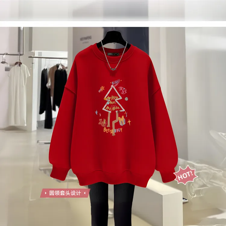 红色新年圆领卫衣女2026新款爆款秋冬加绒加厚上衣外套圣诞节衣服