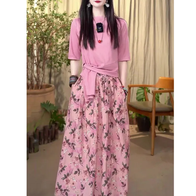 文艺复古套装女2025夏装新款民族风时尚系带修身显瘦上衣+半身裙