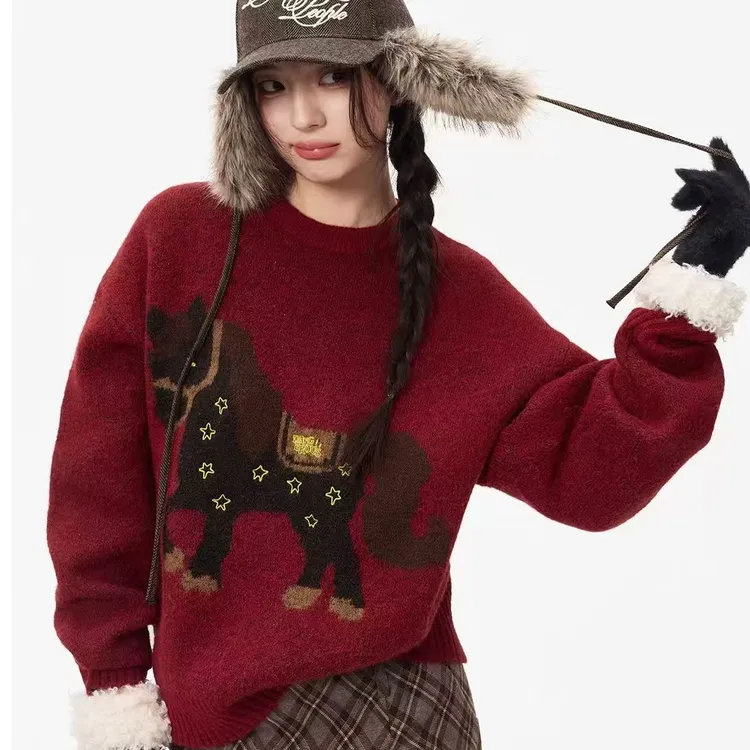 新年穿搭红色毛衣女秋冬季提花圆领慵懒针织衫宽松百搭上衣小众女