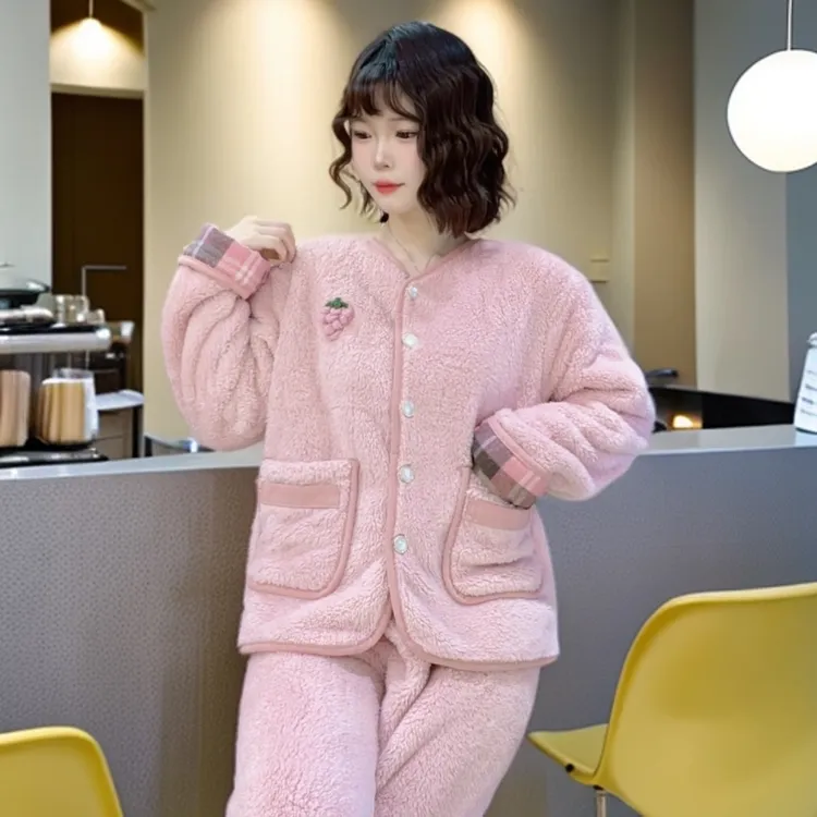 【瑜妹妹】粉色葡萄拼格子-秋冬季新款保暖女士加绒睡衣家居服套装