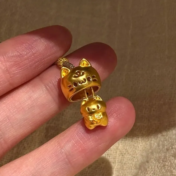 铜合金吊坠 古法躲猫猫金色铃铛吊坠可爱咪套瞄瞄棕绳编织项链饰