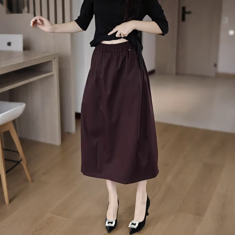 气质高腰花苞裙时尚百搭半身裙2025秋冬新款A字裙显瘦复古中长裙