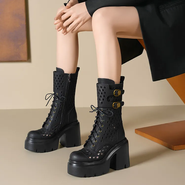 早秋新款！牛皮厚底12cm凉靴女粗跟超高跟小个子凉鞋镂空洞洞鞋