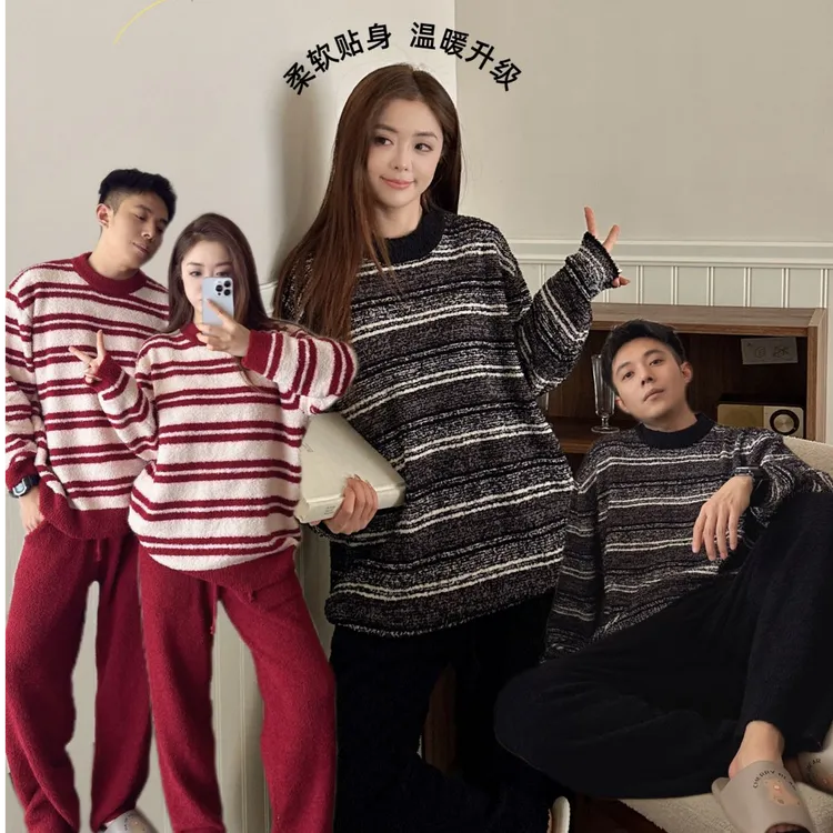 秋冬季珊瑚绒加绒加厚条纹情侣款睡衣男女士法兰绒保暖家居服套装