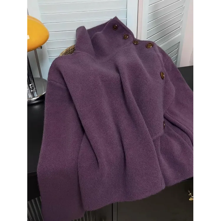 大码不规则高领慵懒风毛衣胖mm2025新款秋冬显瘦侧系扣立领针织衫