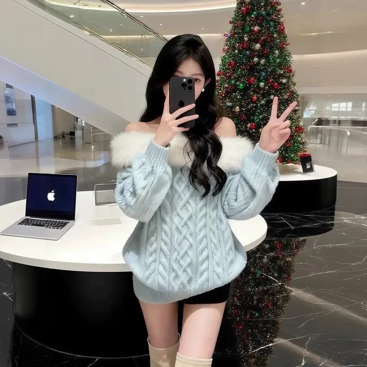 慵懒风网红时尚一字肩毛毛拼接秋冬新款超好看宽松显瘦针织毛衣女