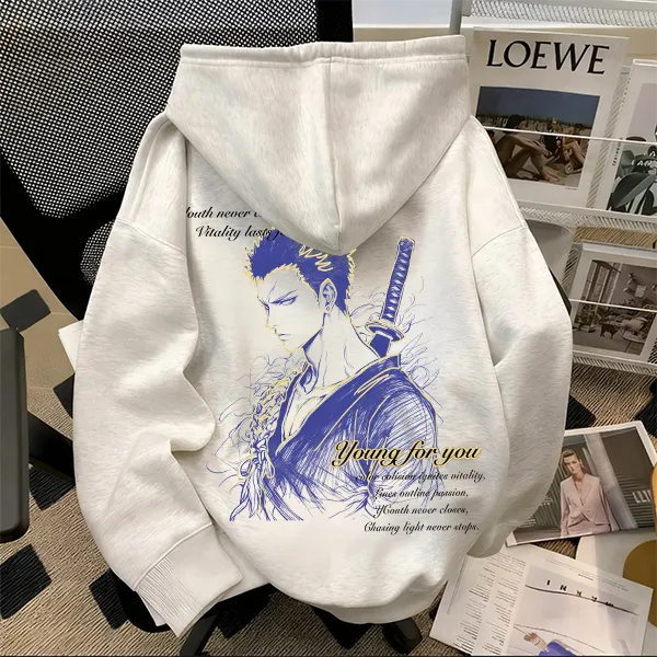 重磅500克纯棉海贼王索隆动漫印花连帽卫衣痞帅慵懒风学生vintage