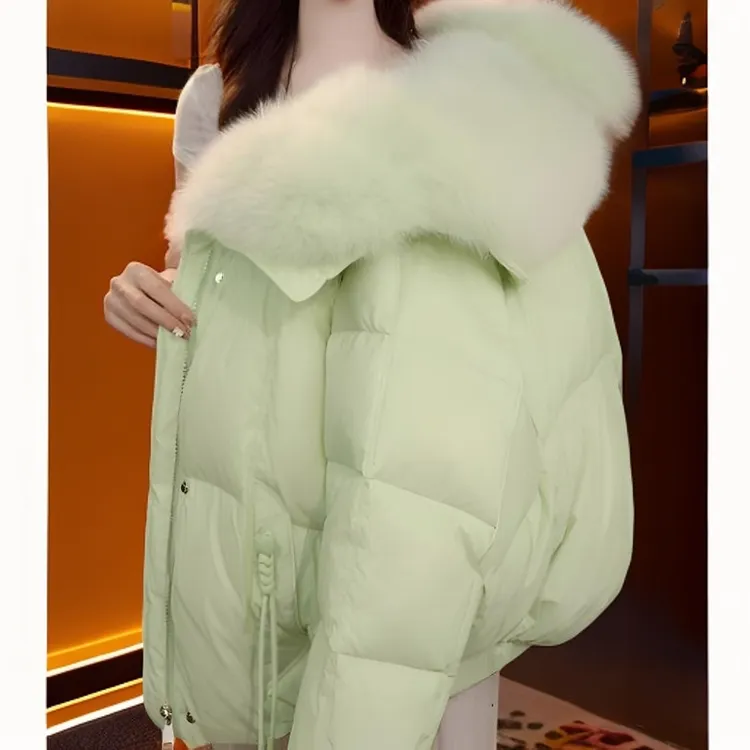 2025年秋冬新款时尚百搭可拆卸大毛领薄荷绿棉服外套