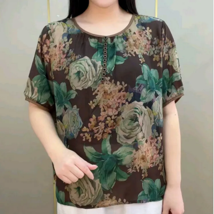 夏季时尚印花雪纺衫百搭中年妈妈减龄短袖加大码宽松显瘦圆领上衣