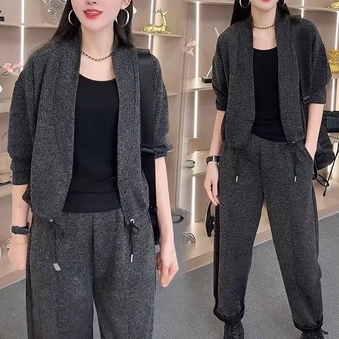 网红同款时尚套装女2025秋季新款纯色抽绳宽松显瘦减龄外套休闲裤