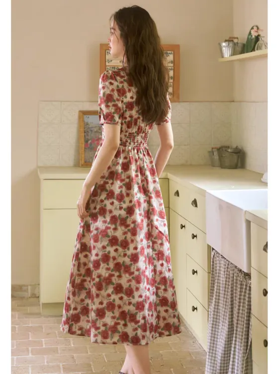 洋气A1030高腰法式中长款碎花连衣裙夏季女装常规小众裙子