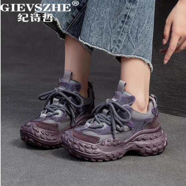 纪诗哲女鞋真皮厚底防滑老爹鞋女新款百搭增高轻便透气运动休闲鞋