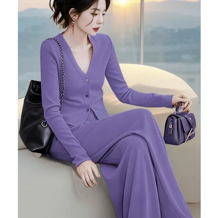 一整套春季穿搭高级感独特绝美气质小香风紫色开衫上衣裤子套装女