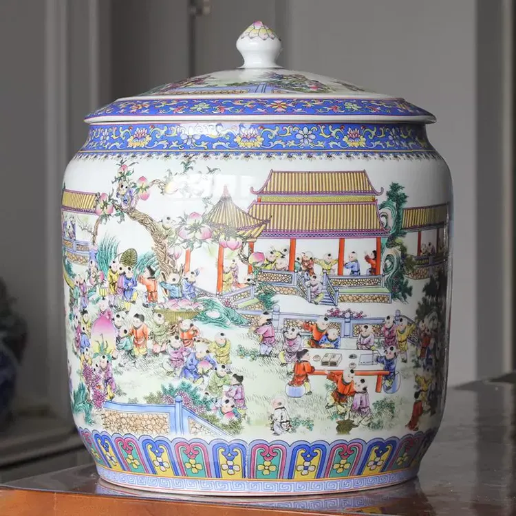 景德镇粉彩百子图大罐艺术陶瓷家居摆设米缸茶叶罐