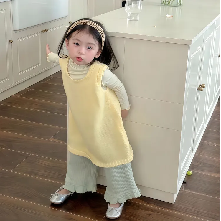 2025早秋新款女童韩版纯色毛衣连衣裙针织裙甜美花边裤小女孩衣服