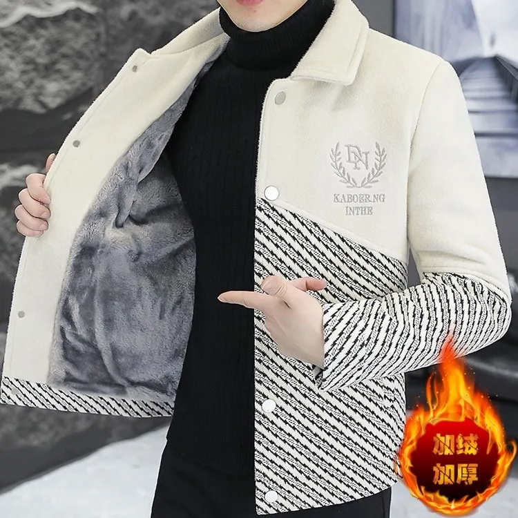 佩库普伦男士貂绒夹克翻领加绒加厚青年毛呢大衣冬装百搭短款风衣