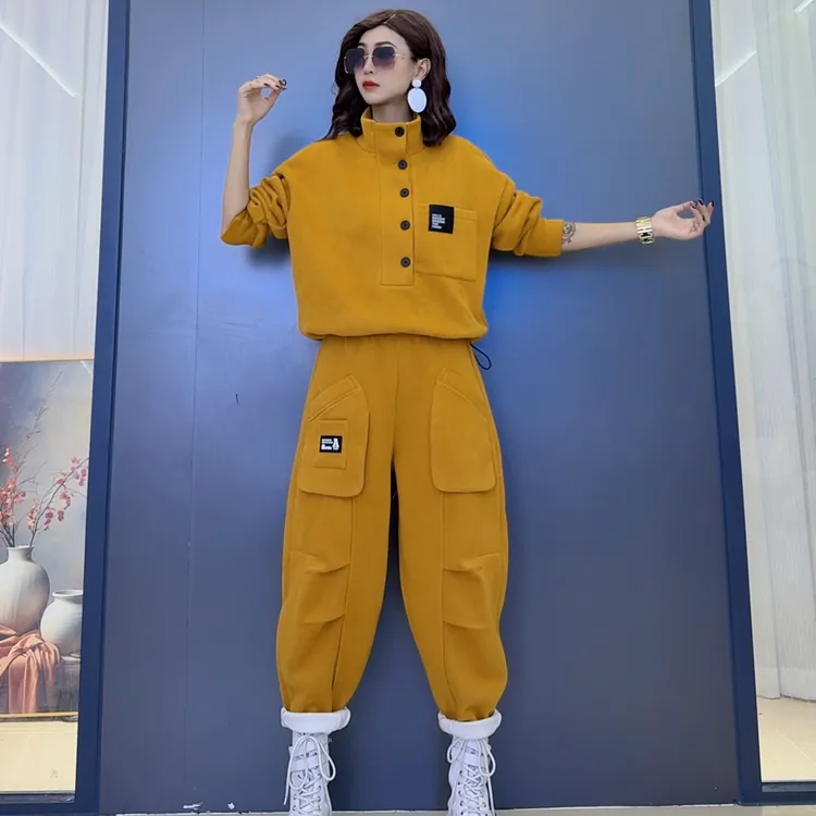 秋冬潮流立领韩版长袖加绒上衣-减龄休闲时尚运动显瘦宽松裤子