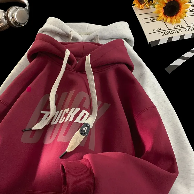秋冬重磅500g美式字母连帽卫衣男宽松加绒加厚慵懒帽衫外套春秋