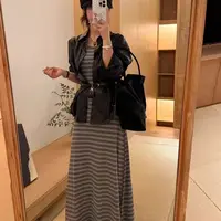 5786伦敦街区 条纹背心裙PU皮外套套装