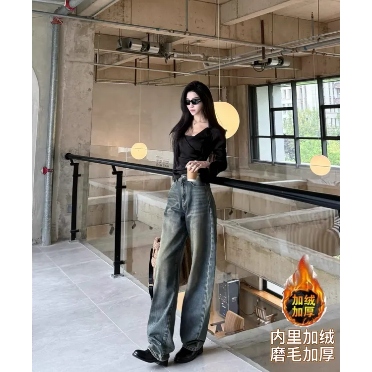 猫猫家加长女裤磨毛加厚复古女辣妹磨毛怀旧弯刀裤///5822