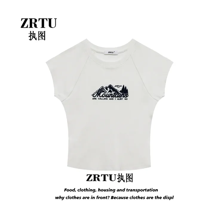 ZRTU/执图 夏季简约植绒印花ins风休闲显瘦T恤短袖
