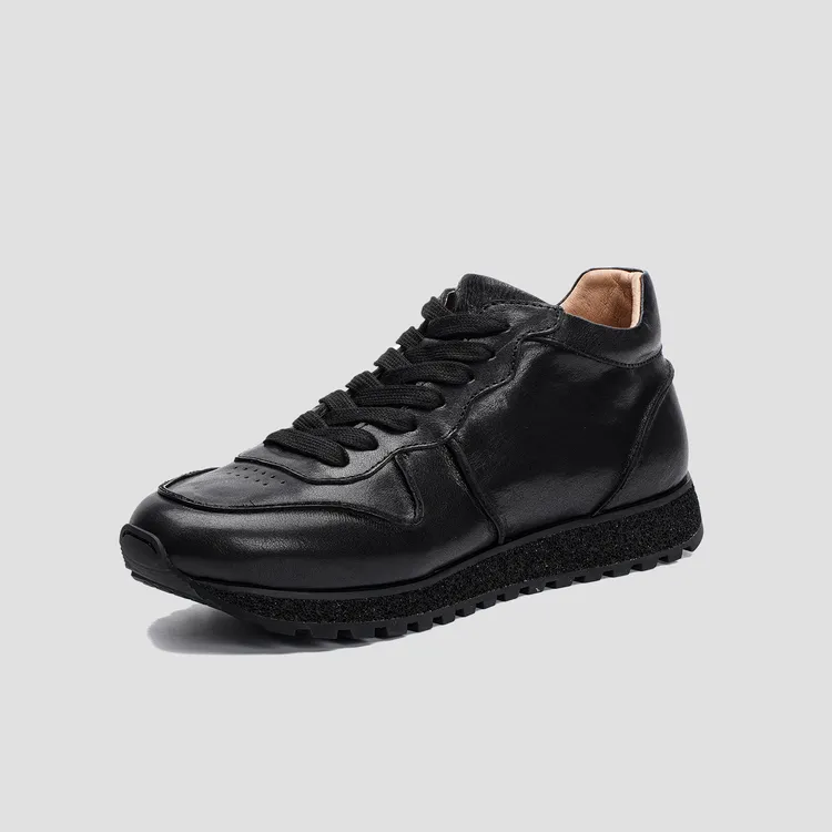 男士冬季高帮厚底靴子防滑圆头系带秋冬坦克靴时尚休闲鞋黑色真皮