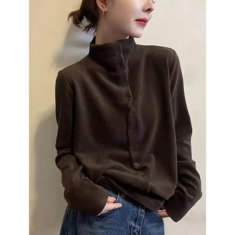 木子静−「果冻暖绒」韩系简约高领排扣洋气修身长袖T恤-9206