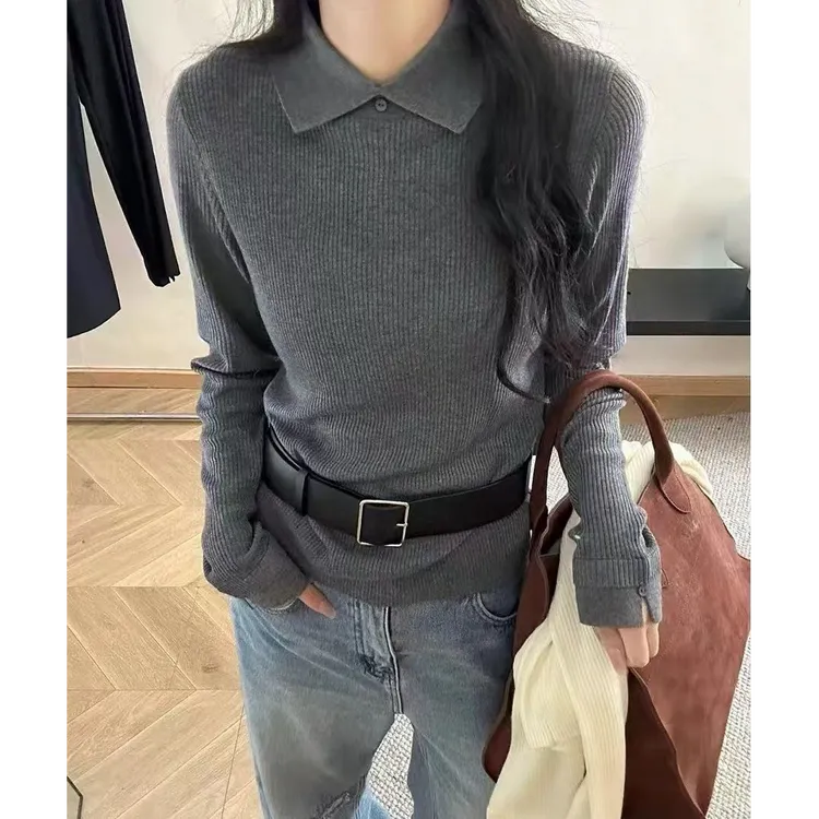 2025秋冬季新款时尚polo领两粒扣针织衫打底衫毛衣纯色显瘦上衣