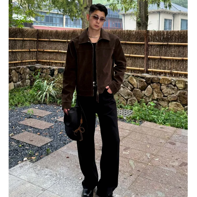 GP2 2025aw美式休闲轻熟荒野麂皮感秋季皮衣贵气短款翻领夹克外套