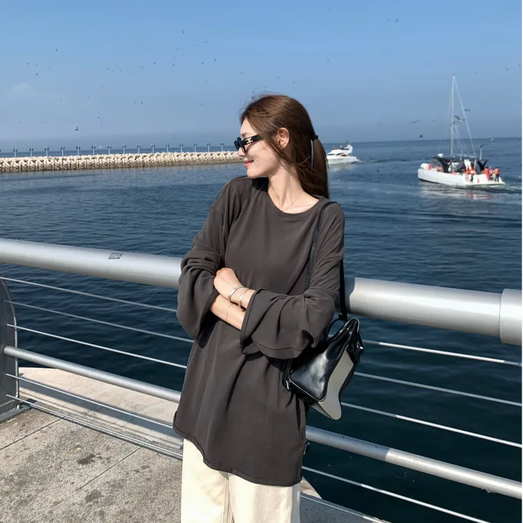 松弛卷边长袖T恤女2025秋季新款慵懒中长款叠穿内搭打底衫上衣N