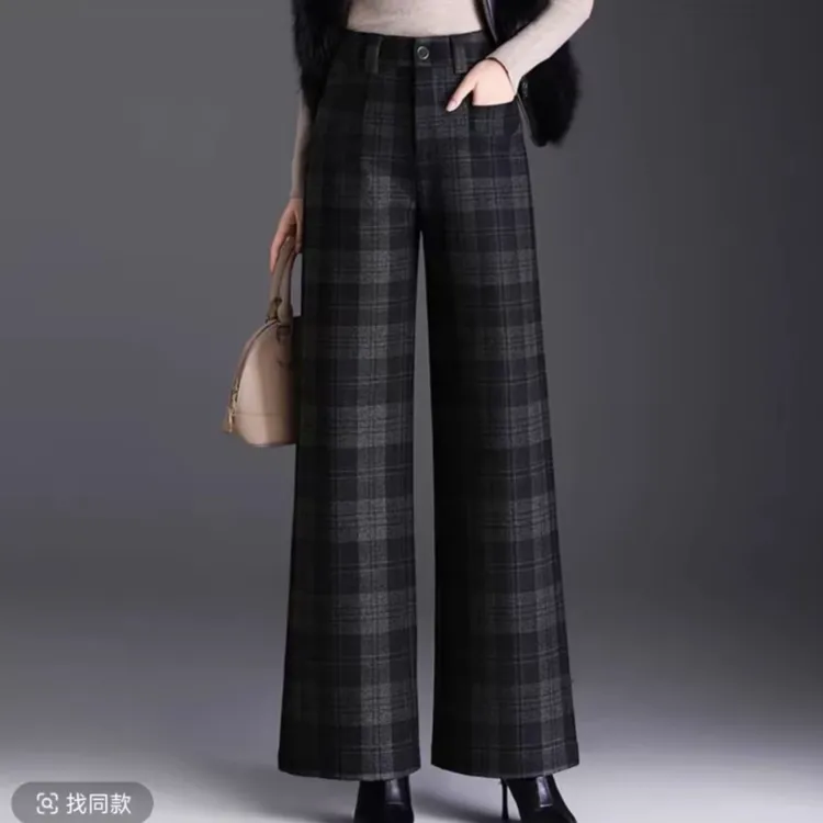 毛呢格子阔腿裤高腰遮胯长裤女秋冬加厚宽松休闲裤