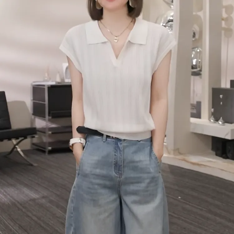 纯色翻领时尚气质休闲无袖毛衣上衣2025夏季新款百搭简约针织衫