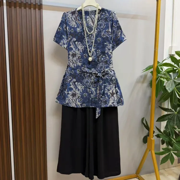 新款大码女装时尚气质温婉风V领松紧腰短袖上衣+阔腿裤（可单拍）