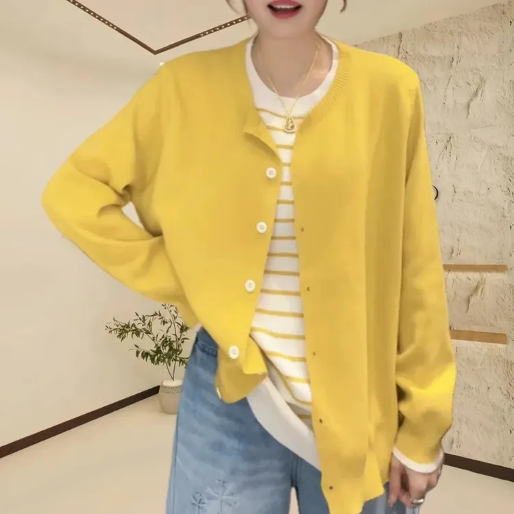 2025春秋新款减龄条纹假两件针织开衫女百搭圆领长袖小衫上衣T371