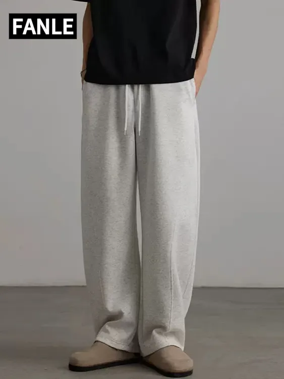 FANLE美式灰色弯刀休闲裤男女潮牌解构慵懒宽松廓形运动卫裤纯色