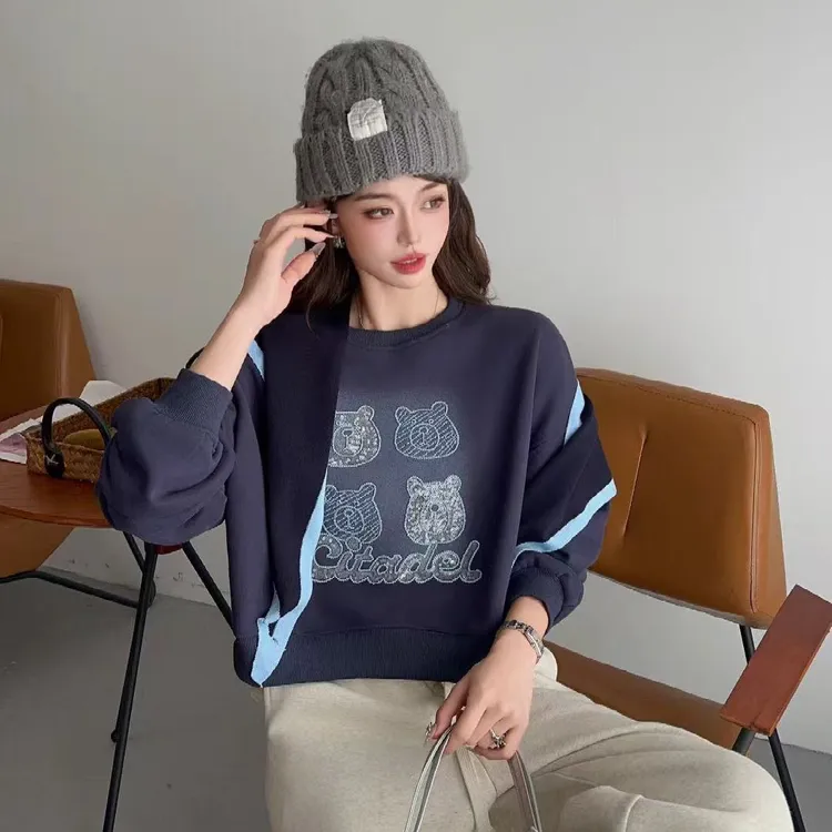 保暖拼接上衣宽松套头连帽秋季少女风韩版圆领卫衣