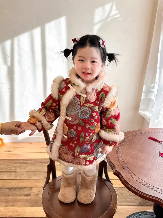 女小童旗袍裙年服棉服冬季加厚红色连衣裙国风汉服