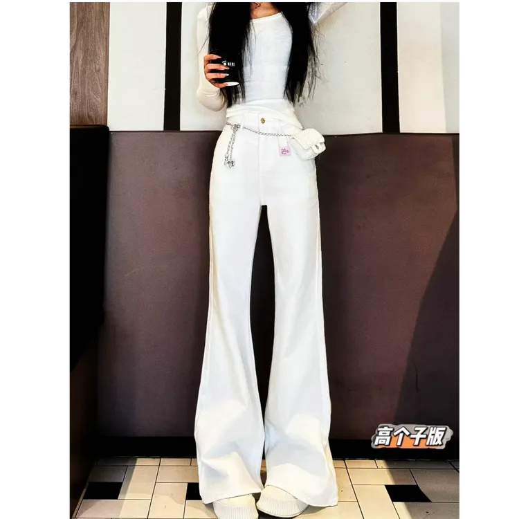 猫猫家加长女裤高个子白色牛仔裤女白色刺绣不贴腿喇叭5836