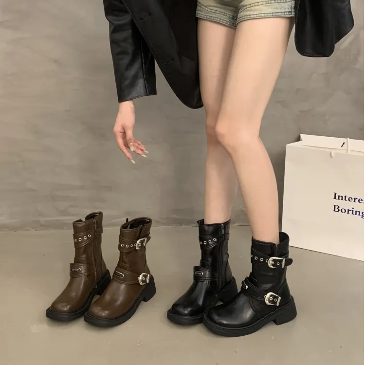 复古美拉德皮带扣马丁靴女2025秋冬款粗跟厚底骑士靴西部牛仔短靴