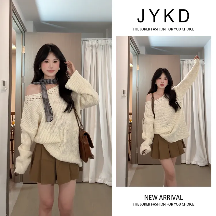 巨好看早秋季一整套穿搭韩系斜肩镂空针织衫毛衣百褶裙两件套装女