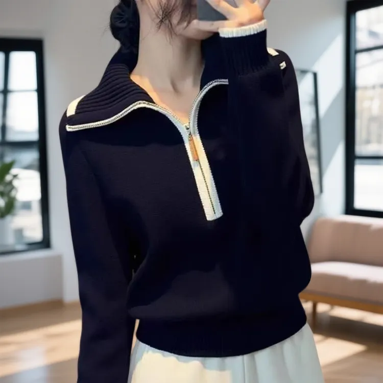 设计感撞色半拉链针织衫慵懒风百搭毛衣女秋冬季新款减龄时髦上衣