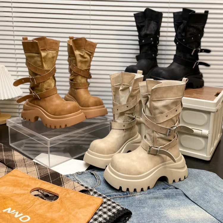 厚底马丁靴女2025秋季新款欧洲站皮带扣中筒机车靴爆款英伦风短靴